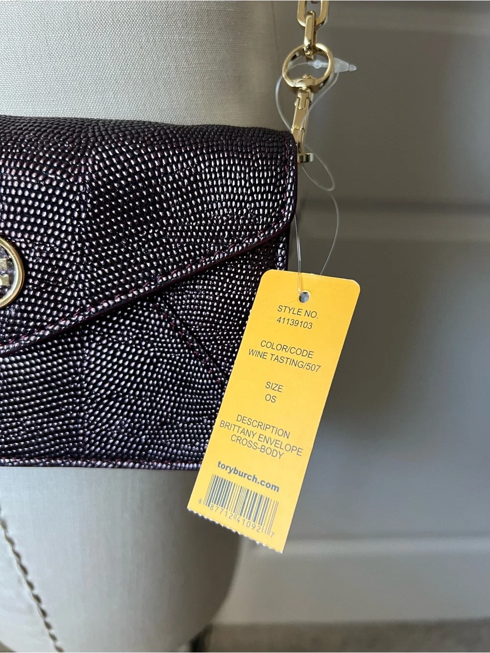 New Tory Burch Envelope Crossbody Bag in Dark Plum with Gold Chain